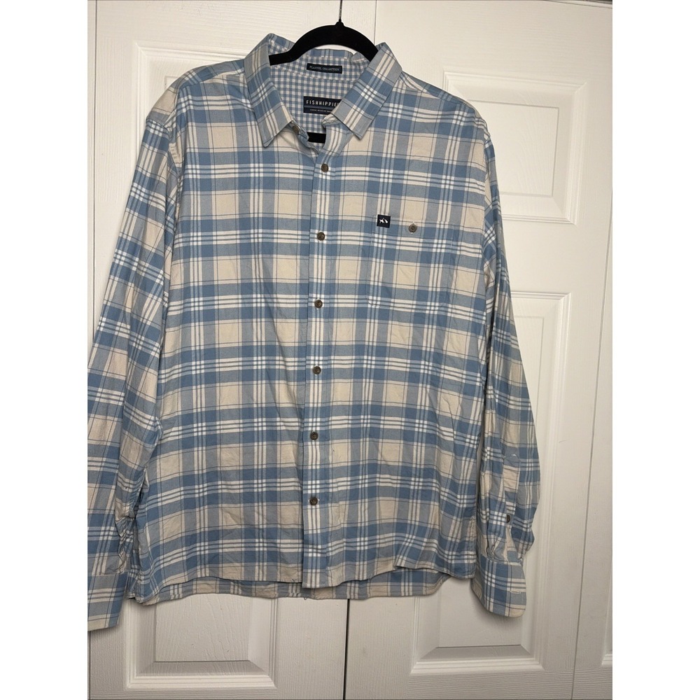 Fish Hippie Flannel Plaid Shirt Mens Size XL Blue White Coastal Cotton Stretch